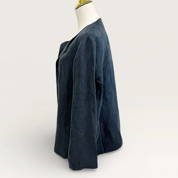 Eileen Fisher Large Linen Silk Satin Round Neck Open Jacket Deep Adriatic Blue - Picture 7 of 16